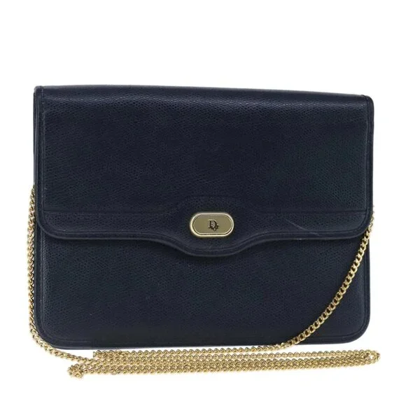 Christian Dior Chain Shoulder Bag Leather Navy Gold Auth yk16101 - Picture 2 of 16